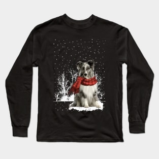 Christmas Shetland Sheepdog With Scarf In Winter Forest Long Sleeve T-Shirt